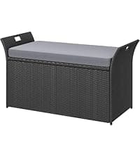 DWVO 70Gal Outdoor Storage Bench with Cushion & Composite Wood Backrest, All-Weather Wicker Deck Bench with Rustproof Bag, Poolside, Patio, Garden (Sand Beige)
