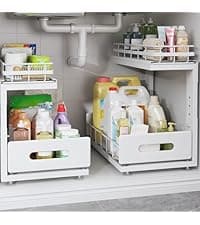 2 Pack Under Sink Organizer with Smooth Ball Bearing Slides, 2-Tier Pull Out Cabinet Storage, Slide Out Drawers for Bathroom and Kitchen, Under Sink Shelf, Rust-resistant Coating, Height Adjustable