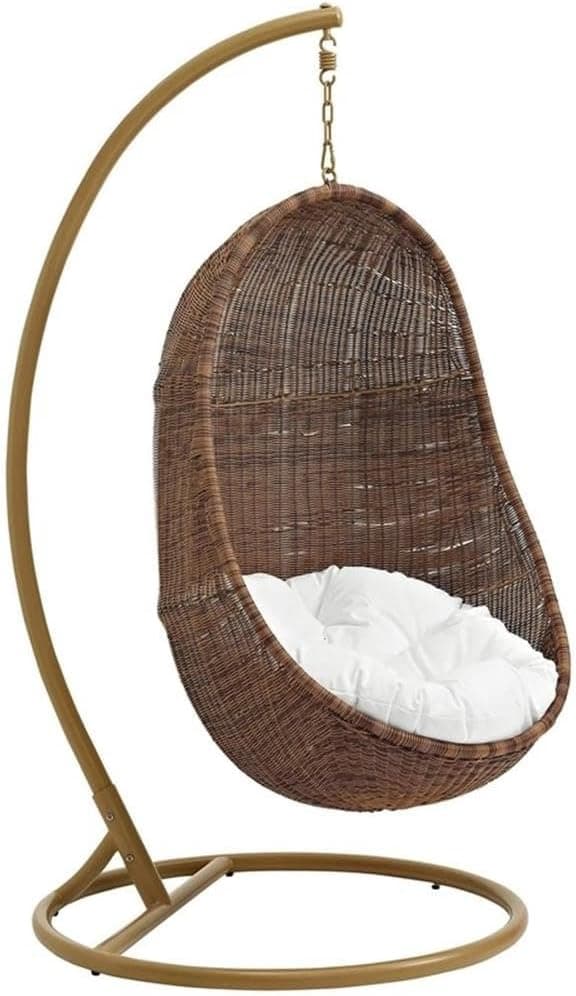 Modway EEI-2277-YLW-WHI-SET Bean Wicker Rattan Outdoor Patio Balcony Porch Lounge Swing Chair Set with Stand Coffee White