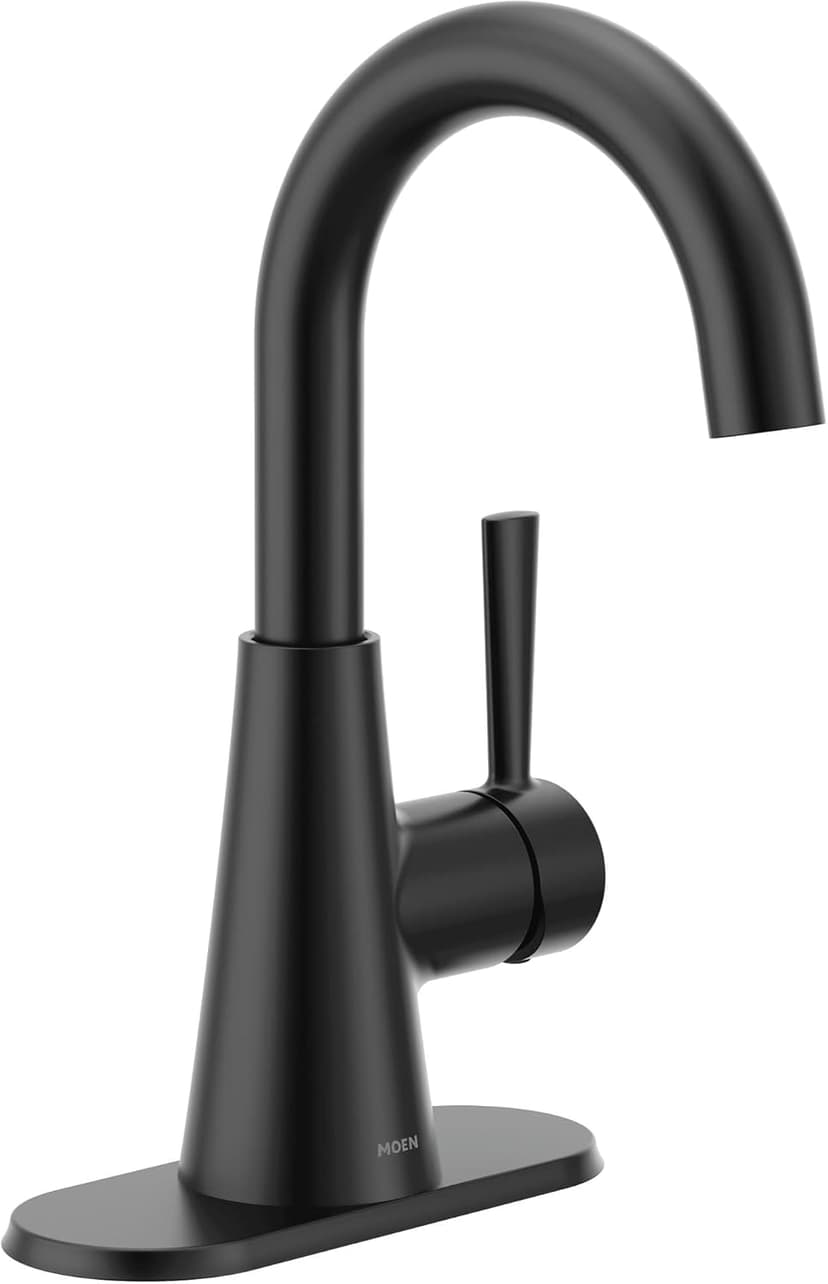 Moen Ronan Matte Black One-Handle Single Hole Modern Bathroom Sink Faucet with Optional Deckplate and Spring Loaded Drain Assembly, 84021BL