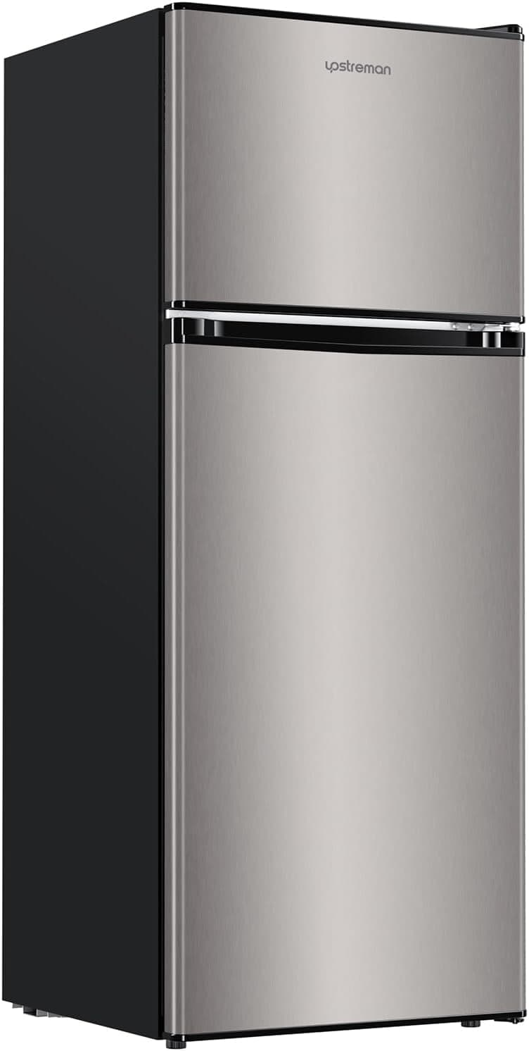 Upstreman 4.0 Cu.Ft. Mini Fridge with Freezer, Dorm Essentials, Double Door, Small Refrigerator for Office, Dorm, Bedroom, Adjustable Thermostat, Large Capacity, Stainless-SR401