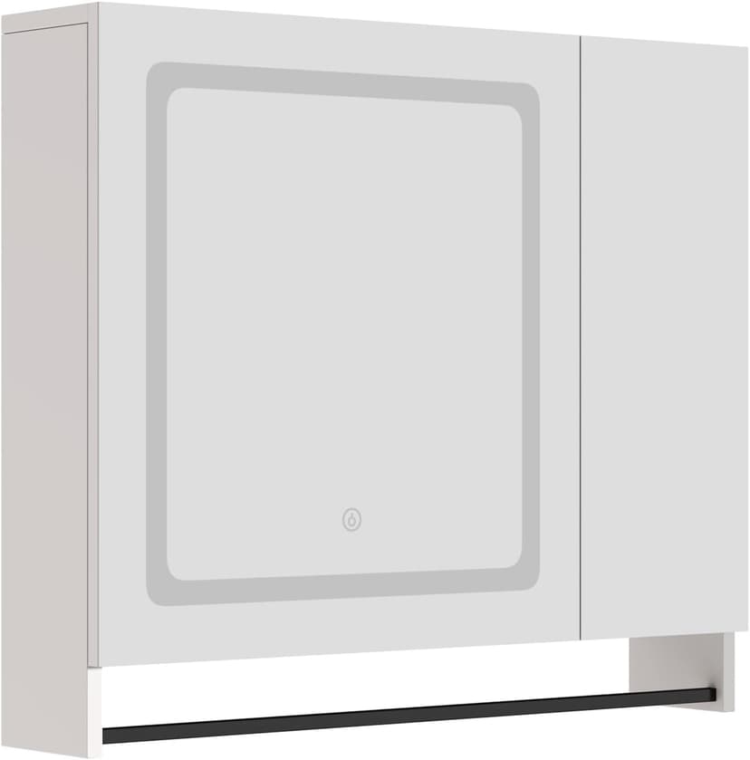 ChooChoo Lighted Bathroom Medicine Cabinet with Mirror, Wall-Mounted Bathroom Wall Cabinet with Mirror Doors, LED Lights, Adjustable Shelves, Towel Bar, White