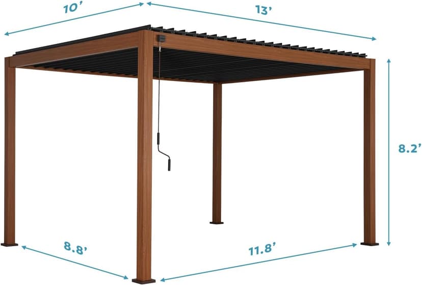 111S Takasho Louvered Pergola 10x13 Wood Grain Outdoor Aluminum Pergola with Adjustable Rainproof Roof Full Aluminum Frame Ideal for Outdoor Deck Garden Patio Durable, Cherry Oak