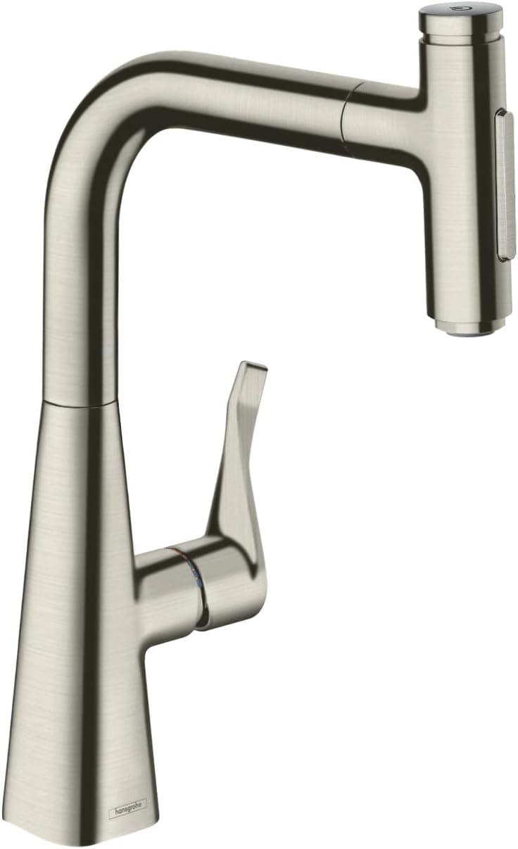 hansgrohe Metris Select Stainless Steel Bar Kitchen Faucet, Kitchen Faucets with Pull Out Sprayer, Faucet for Kitchen Sink, Stainless Steel Optic 73822801