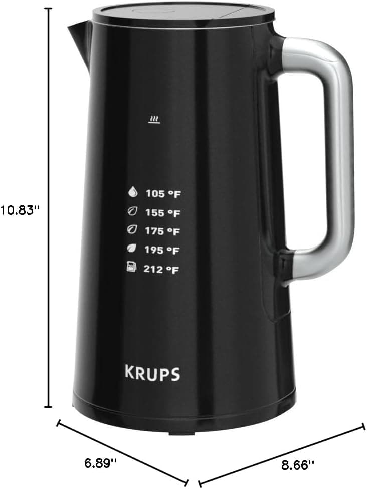 KRUPS Smart Temp Electric Kettle: 1.7L Capacity, 5 Precise Temperature Settings, Digital Display, Cool-Touch Exterior, Cordless Design for Tea and Coffee Lovers