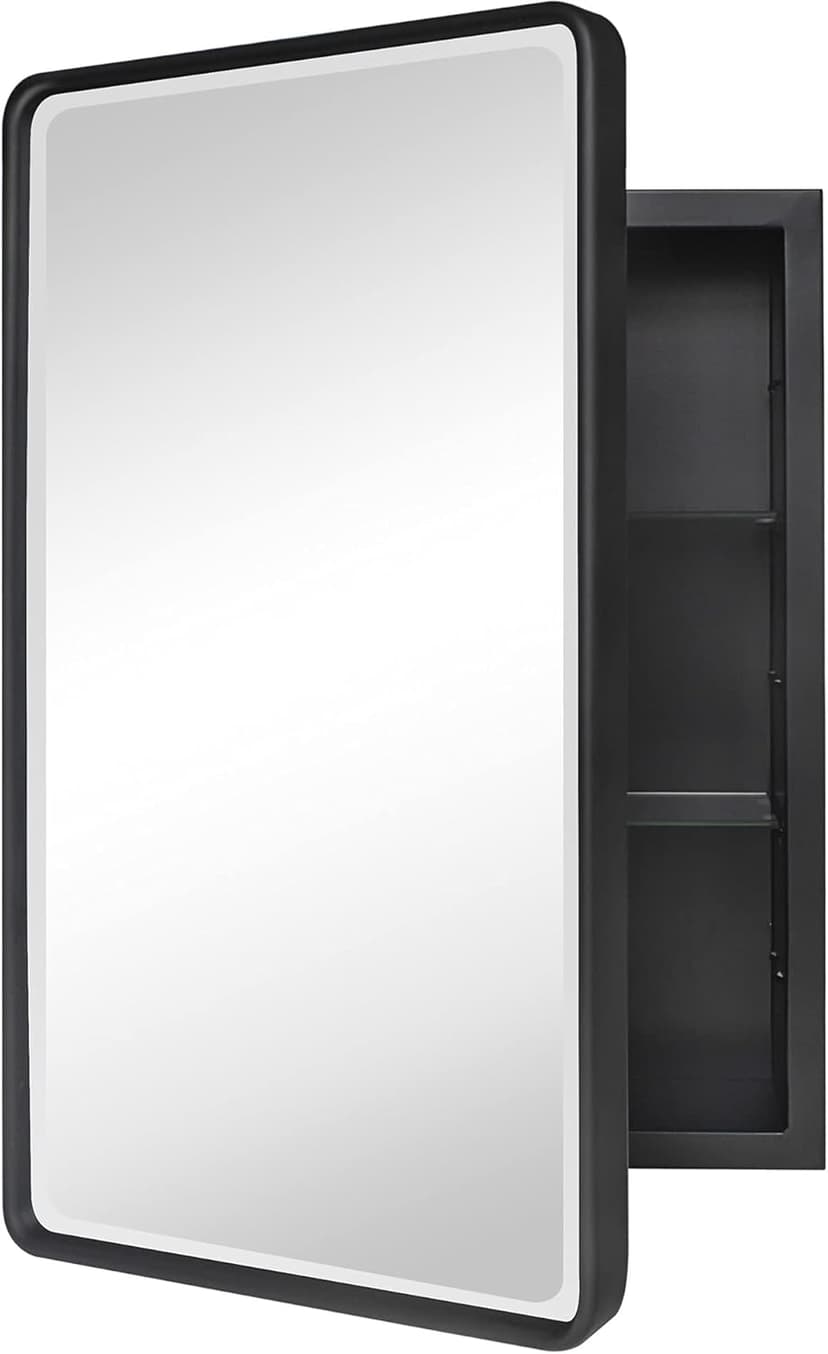 TEHOME Farmhouse Black Metal Framed Recessed Bathroom Medicine Cabinet with Beveled Mirror Rounded Rectangle Bathroom Medicine Cabinet 16x24 inch