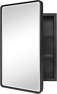 TEHOME Farmhouse Black Metal Framed Recessed Bathroom Medicine Cabinet with Beveled Mirror Rounded Rectangle Bathroom Medicine Cabinet 16x24 inch