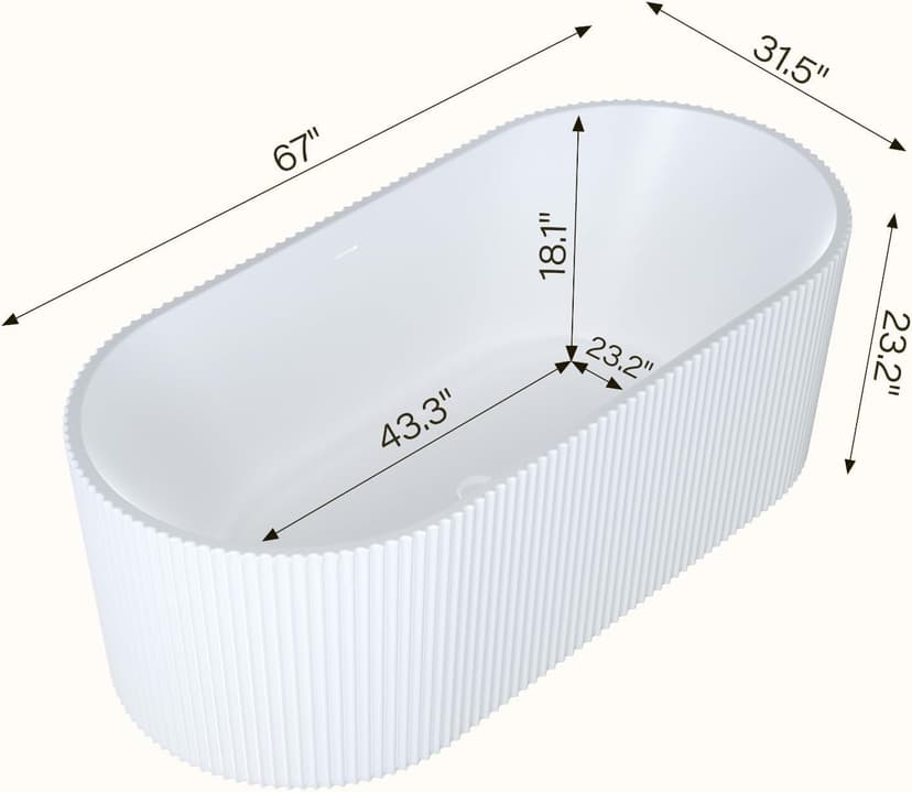 67" Free Standing Tub, Standalone Soaking Pleated Bathtub, Easy Install Freestanding Bathtub, Modern Design for Bathrooms, White