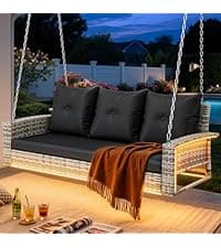 YITAHOME 3 Seats Patio Porch Swing, Outdoor Wicker Hanging Bench Rattan Chair Seat with LED Lights & Soft Cushions for Outside, Garden, Backyard, Lawn, Light Brown & Beige