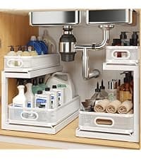 2 Pack Under Sink Organizer with Smooth Ball Bearing Slides, 2-Tier Pull Out Cabinet Storage, Slide Out Drawers for Bathroom and Kitchen, Under Sink Shelf, Rust-resistant Coating, Height Adjustable