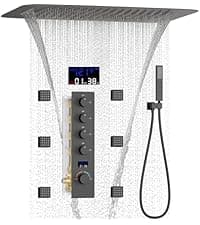 AYIVG Matte Black Thermostatic Rainfall Full Body Shower System With 2 In 1 Waterfall Rainfall Ceiling Mount 16 X 24 Inch Rain Shower Head 6 Jets Temperature Display Shower Faucet Set