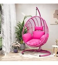 Oversized Hanging Egg Chair Outdoor Wicker Swing Chair with Stand Rain Cover UV Resistant Cushion 400lbs Capacity for Patio, Garden and Balcony