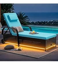 YITAHOME 3 Seats Patio Porch Swing, Outdoor Wicker Hanging Bench Rattan Chair Seat with LED Lights & Soft Cushions for Outside, Garden, Backyard, Lawn, Light Brown & Beige