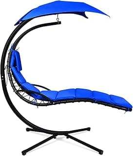 Giantex Hanging Chaise Lounger Chair, Arc Stand Porch Swing Chair w/Canopy, Cushion Built-in Pillow, Outdoor Freestanding Swing Hammock Chair for Patio Poolside Backyard Garden (Navy)