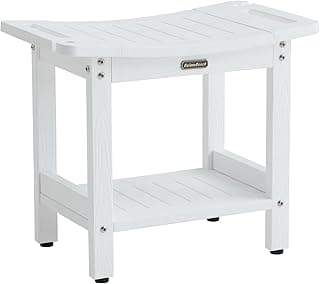Waterproof Shower Bench, White Poly Shower Stool for Shaving Legs, Shower Chair Seat with Handles & Shower Head Holder, Plastic Bathroom Bench with Adjustable Feet for Inside Shower, Non-Slip