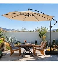 wikiwiki 10ft Patio Umbrellas Offset Outdoor Cantilever Hanging Umbrella w/Infinite Tilt, Fade Resistant Waterproof Recycled Fabric Canopy for Yard, Garden & Deck, Beige