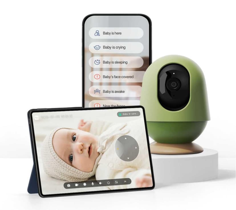 Smart Baby Camera Monitor 3K HD with No Subscription, Night Vision, 360° AI Detection, Two-Way Audio Monitor Includes Local Storage Card, Wireless WiFi Baby Monitor with Power-supportable Stand