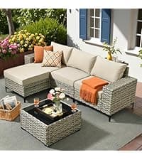 HOOOWOOO Outdoor Sectional Furniture Set,8 Pieces Wicker Patio Conversation Sets,L Shape All Weather Outside Couch Sofa Set with Swivel Chairs Ottoman,Black