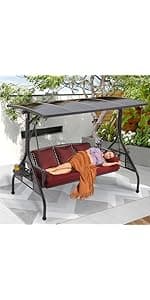 3 in 1 Outdoor Porch Swing with Adjustable Canopy, 3 Seat Outdoor Swing for Adults, Patio Swing Chair with Thickened Cushions,Pillows & Cup Holders for Backyard, Porch, Garden (Wine Red)