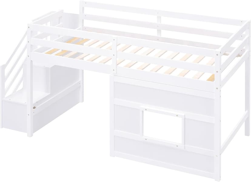 Twin Size Low Loft Bed with Stairs, Kids Loft Bed with Storage,Solid Wood Twin Loft Bed Frame for Kids, Space Saving Low Loft Bed for Boys, Girls, White
