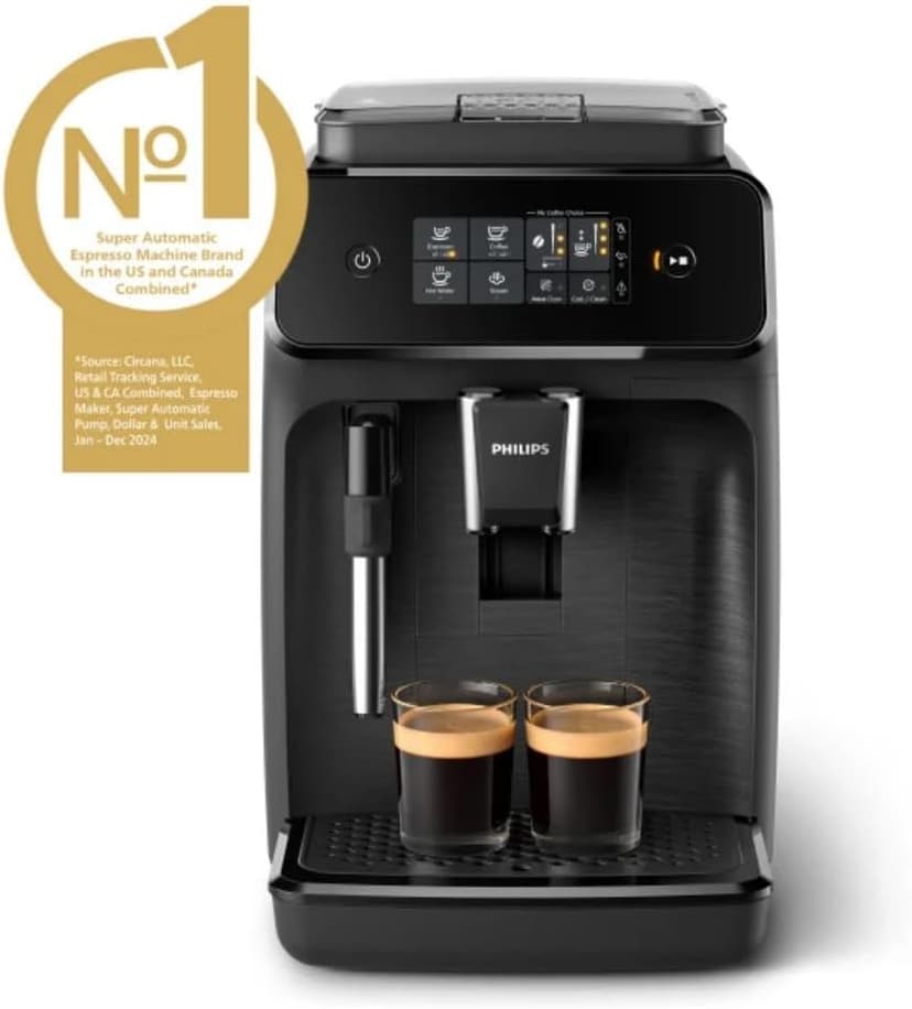 PHILIPS 1200 Series Fully Automatic Espresso Machine, Classic Milk Frother, 2 Coffee Varieties, Intuitive Touch Display, 100% Ceramic Grinder, AquaClean Filter, Aroma Seal, Black (EP1220/04)