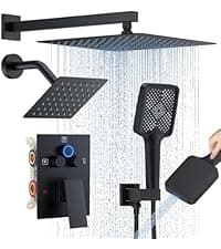 Shower Faucet Set, 12" Ceiling Mount Rainfall Shower System with 2 Rain Shower Head and Multi-function Handheld Head Push Button Diverter Shower Faucet Trim Kit (12", Matte Black)