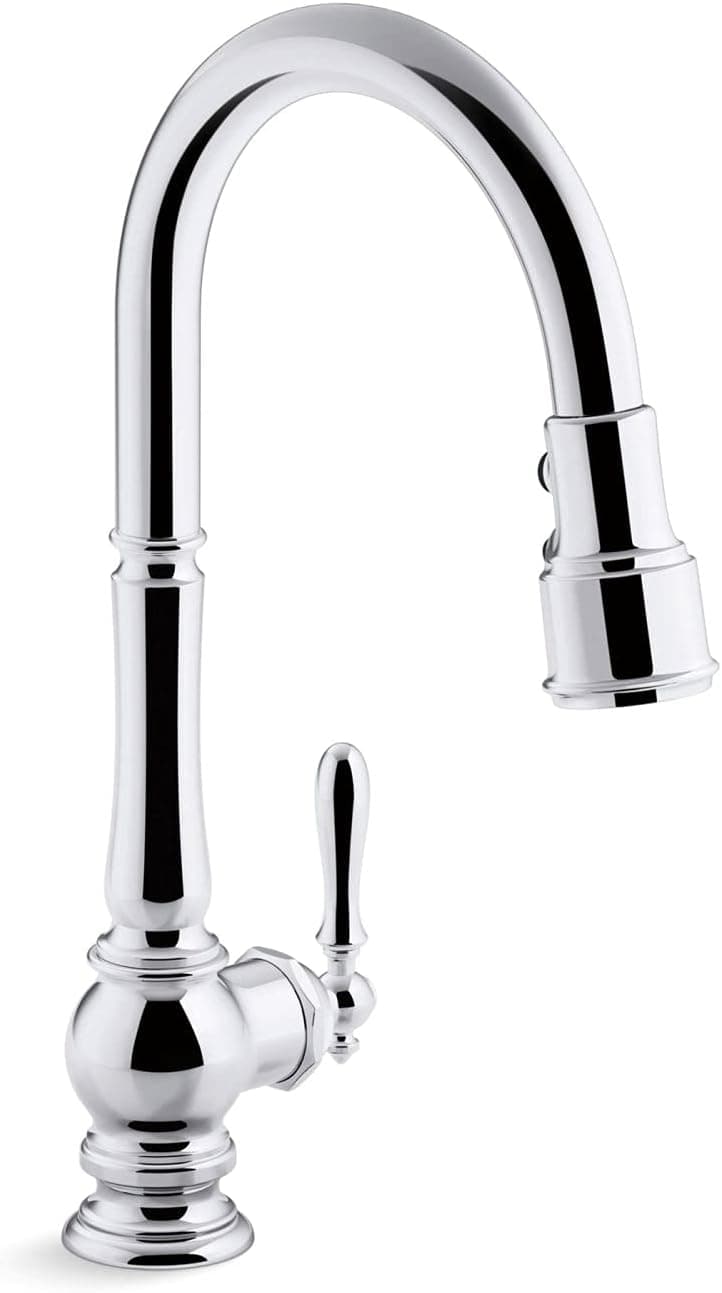 KOHLER K-99259-CP Artifacts Single-Hole Kitchen Sink Faucet with 17-5/8-Inch Pull-Down Spout, 3-Function Sprayhead, and Turned Lever Handle, Polished Chrome