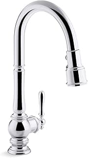 KOHLER K-99259-CP Artifacts Single-Hole Kitchen Sink Faucet with 17-5/8-Inch Pull-Down Spout, 3-Function Sprayhead, and Turned Lever Handle, Polished Chrome