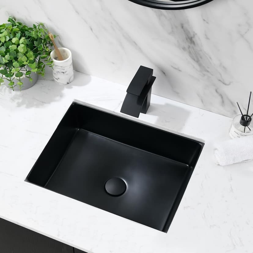 Undermount Bathroom Sink Rectangle, 20"x15" Black Bathroom Vessel Sink Porcelain Ceramic Modern Art Lavatory Vanity Under Counter Basin with Overflow