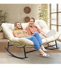 NICESOUL Wicker Egg Chair with Ottoman, Indoor Outdoor Egg Basket Lounge Chair w/Cushion, Oversized Egg Seat with Legs 440 Lbs, Comfy Cozy Boho Style Nest Chair w/Footrest for Patio, Balcony, Beige
