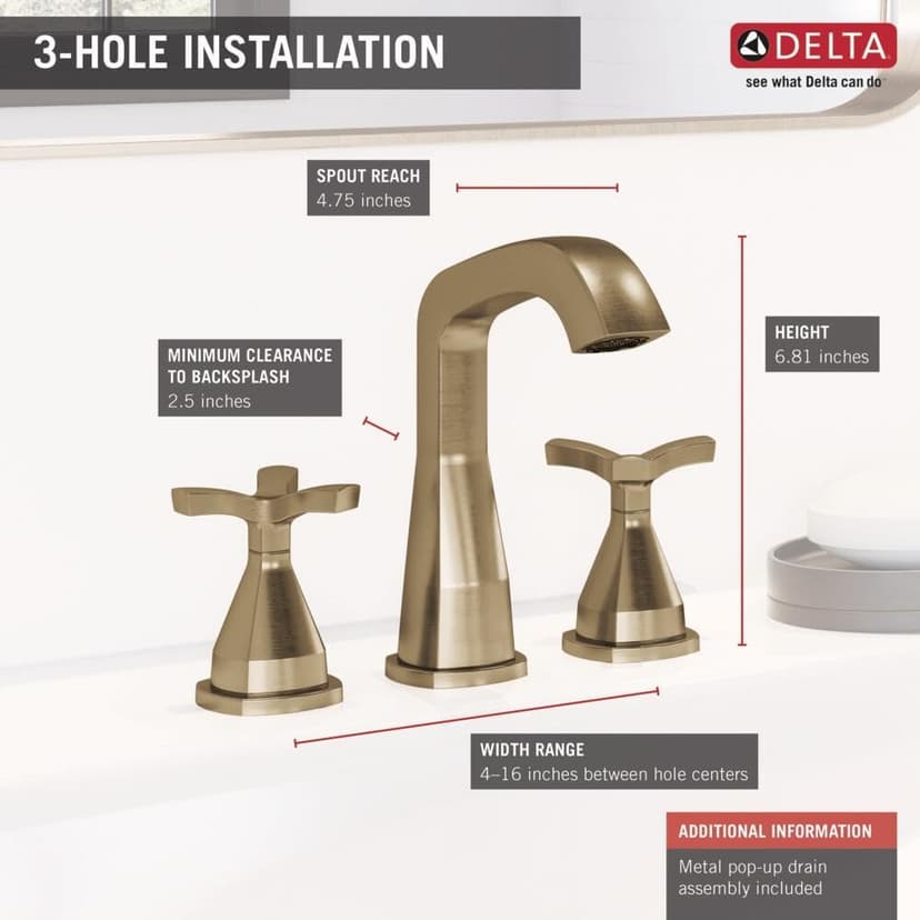 Delta Faucet Stryke Widespread Bathroom Faucet 3 Hole, Gold Bathroom Faucet with Cross Handles, Diamond Seal Technology, Metal Drain Assembly, Champagne Bronze 357766-CZMPU-DST