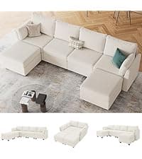 114.17" Modular Sectional Sofa, 6 Seat Modular Couch with Storage, Memory Foam, Convertible Sectional Couches for Living Room, U Shaped Comfy Modular Sofa with Chaise, Beige