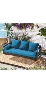 3 in 1 Outdoor Porch Swing with Adjustable Canopy, 3 Seat Outdoor Swing for Adults, Patio Swing Chair with Thickened Cushions,Pillows & Cup Holders for Backyard, Porch, Garden (Wine Red)