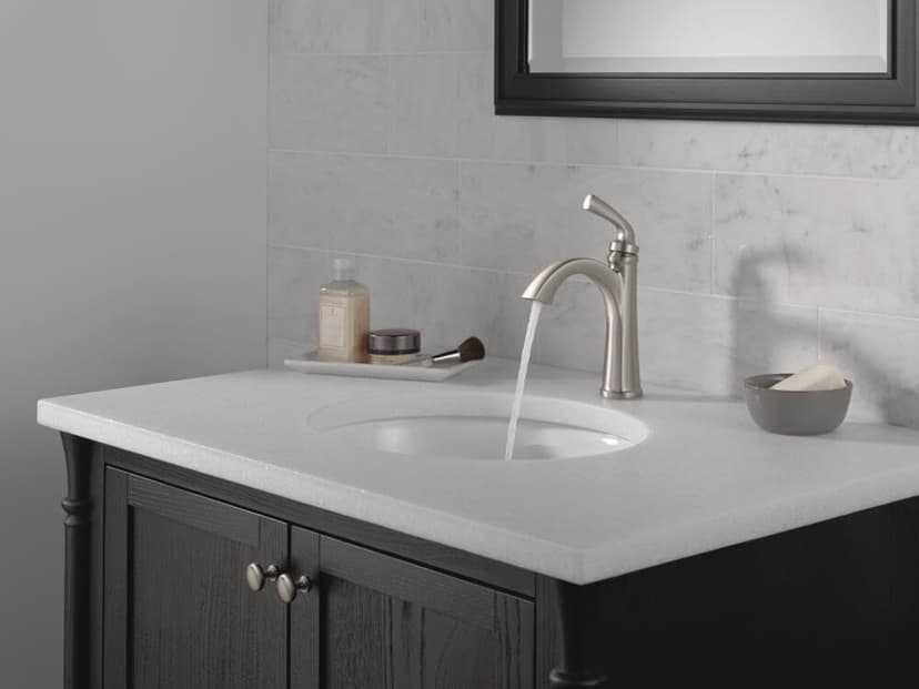 Delta Geist Brushed Nickel Bathroom Faucet 1 Hole, Single Hole Bathroom Sink Faucet for Vanity, Push-Pop Drain Assembly, SpotShield Brushed Nickel 15864LF-SP