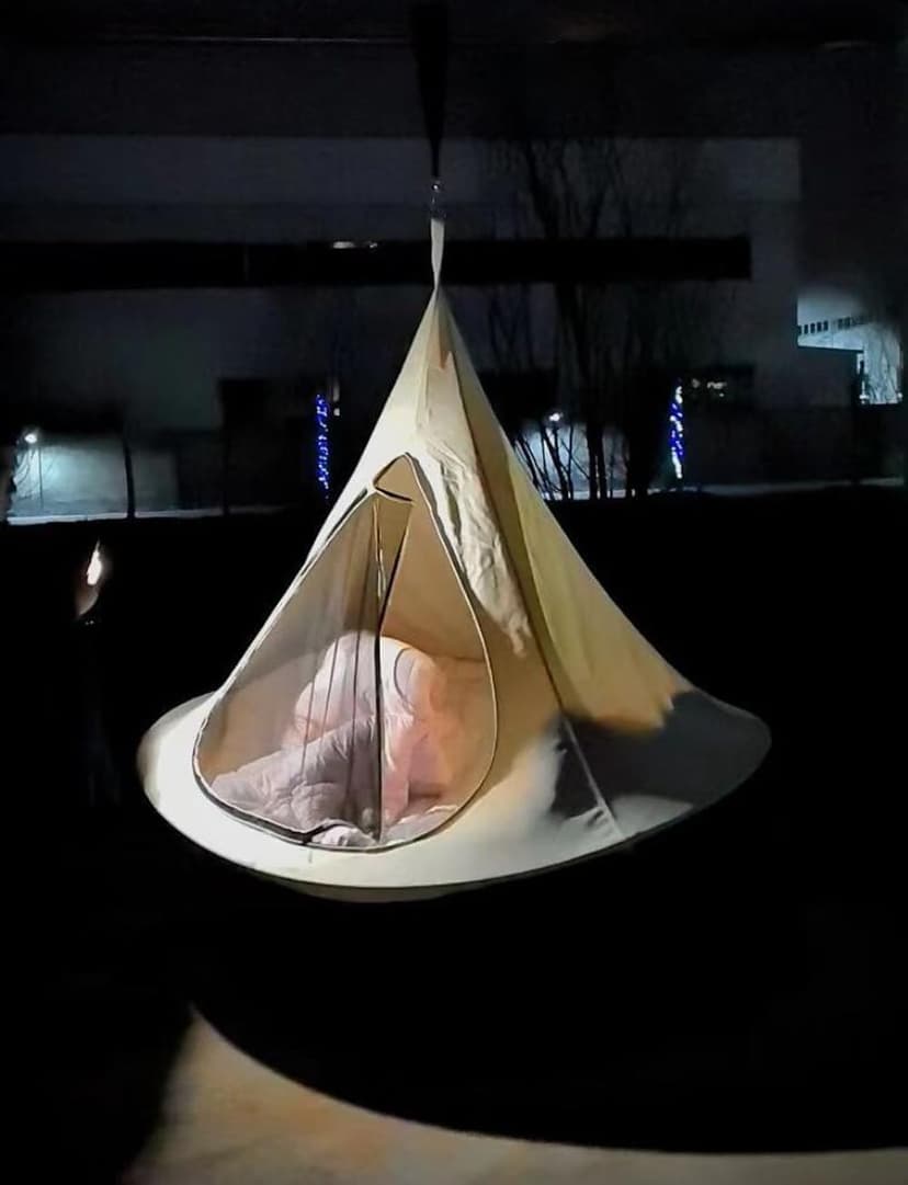 Hanging Teepee Pod Swing Chair with Stand White Canvas Swing Hammock 100cm Diameter Indoor Outdoor Use Waterproof Level 3 Steel Frame 220 lb Capacity Saucer Style