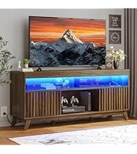 YITAHOME LED Farmhouse TV Stand for 75 Inch w/Outlets, Modern Entertainment Center with Glass Doors and Adjustable Storage Shelves, Media Console TV Cabinet for for Living Room, Dark Rustic Oak
