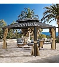YITAHOME 10x12 Polycarbonate Gazebo Hardtop Outdoor Canopy with Netting and Shaded Curtains, Aluminum Frame Garden Tent for Patio, Backyard, Deck and Lawns, Brown