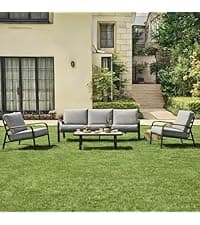 EAST OAK Life Chatter Patio Furniture Set 5 Pieces, Outdoor Furniture 5-Seat Sofa with Two Round Coffee Table, Waterproof Thick Cushion Deep Seating for Porch, Balcony, Chestnut Brown & Creamy Apricot