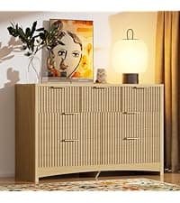 Marsail 59″ Wide TV Stand for TVs Up to 65″, Modern Entertainment Center with Fluted Panels, 3 Easy-Sliding Drawers, Open Shelves & Cable Hole, 3-Tier TV Stands for Living Room & Bedroom, Natural Oak