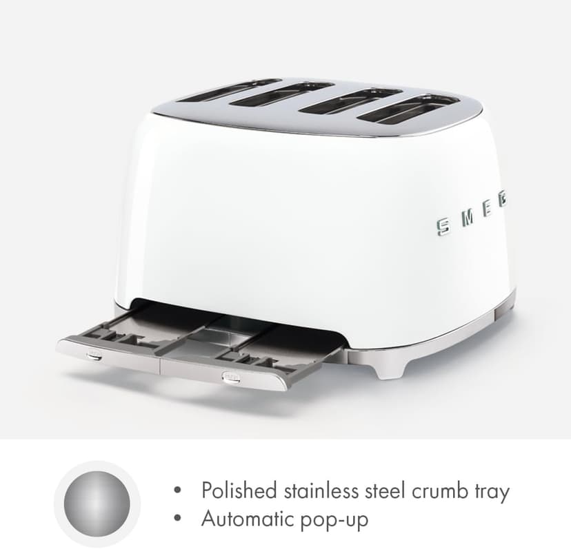Smeg 50's Style Retro Aesthetic 4 Slice Toaster 6 Presets Extra Wide Slots White TSF03WHUS