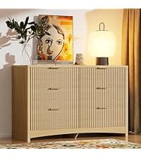 Marsail 59″ Wide TV Stand for TVs Up to 65″, Modern Entertainment Center with Fluted Panels, 3 Easy-Sliding Drawers, Open Shelves & Cable Hole, 3-Tier TV Stands for Living Room & Bedroom, Natural Oak