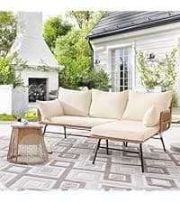 NICESOUL Wicker Egg Chair with Ottoman, Indoor Outdoor Egg Basket Lounge Chair w/Cushion, Oversized Egg Seat with Legs 440 Lbs, Comfy Cozy Boho Style Nest Chair w/Footrest for Patio, Balcony, Beige
