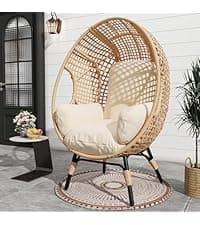 Oversized Hanging Egg Chair Outdoor Wicker Swing Chair with Stand Rain Cover UV Resistant Cushion 400lbs Capacity for Patio, Garden and Balcony