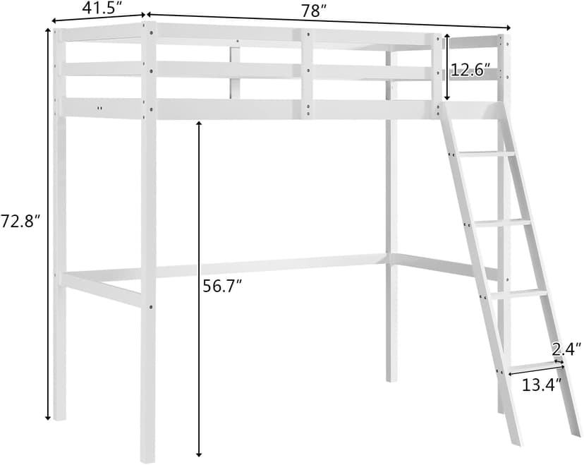 JOYMOR High Loft Bed Frame Twin Wooden Loft Bed for Kids, Junior, Teens, Adults Single Bed, No Box Spring Needed,White