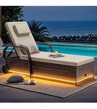 YITAHOME 3 Seats Patio Porch Swing, Outdoor Wicker Hanging Bench Rattan Chair Seat with LED Lights & Soft Cushions for Outside, Garden, Backyard, Lawn, Light Brown & Beige