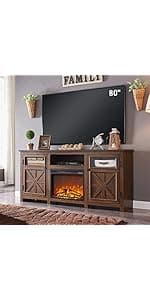 JXQTLINGMU Fireplace TV Stand for 80 Inch TV, Farmhouse Highboy Entertainment Center w/23'' Electric Fireplace & Cross Barn Door, Large TV Console for TVs Up to 80", 70 inches, White