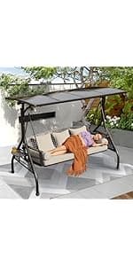 3 in 1 Outdoor Porch Swing with Adjustable Canopy, 3 Seat Outdoor Swing for Adults, Patio Swing Chair with Thickened Cushions,Pillows & Cup Holders for Backyard, Porch, Garden (Wine Red)