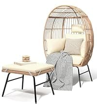 YITAHOME Accent Living Room Egg Chair w/ 2-in-1 Ottoman, Wicker Oversized Basket Chair with 5 Thick Cushions, Footrest, Comfy Recliner Lazy Chair for Indoor, Bedroom, Reading Room, Lounge (Beige)