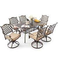 7 Piece Outdoor Dining Set Cast Aluminum, Retro Patio Dining Furniture Set for 6 Includes 59” Rectangular Table 2 Swivel Chairs with Thicker Cushions and Umbrella Hole for Patio Deck Garden