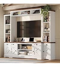 AMERLIFE Fireplace TV Stand with Sliding Barn Door for TVs up to 73", Farmhouse 63" Fireplace Entertainment Center with Storage Cabinets/Adjustable Shelves, Distressed White & Barnwood